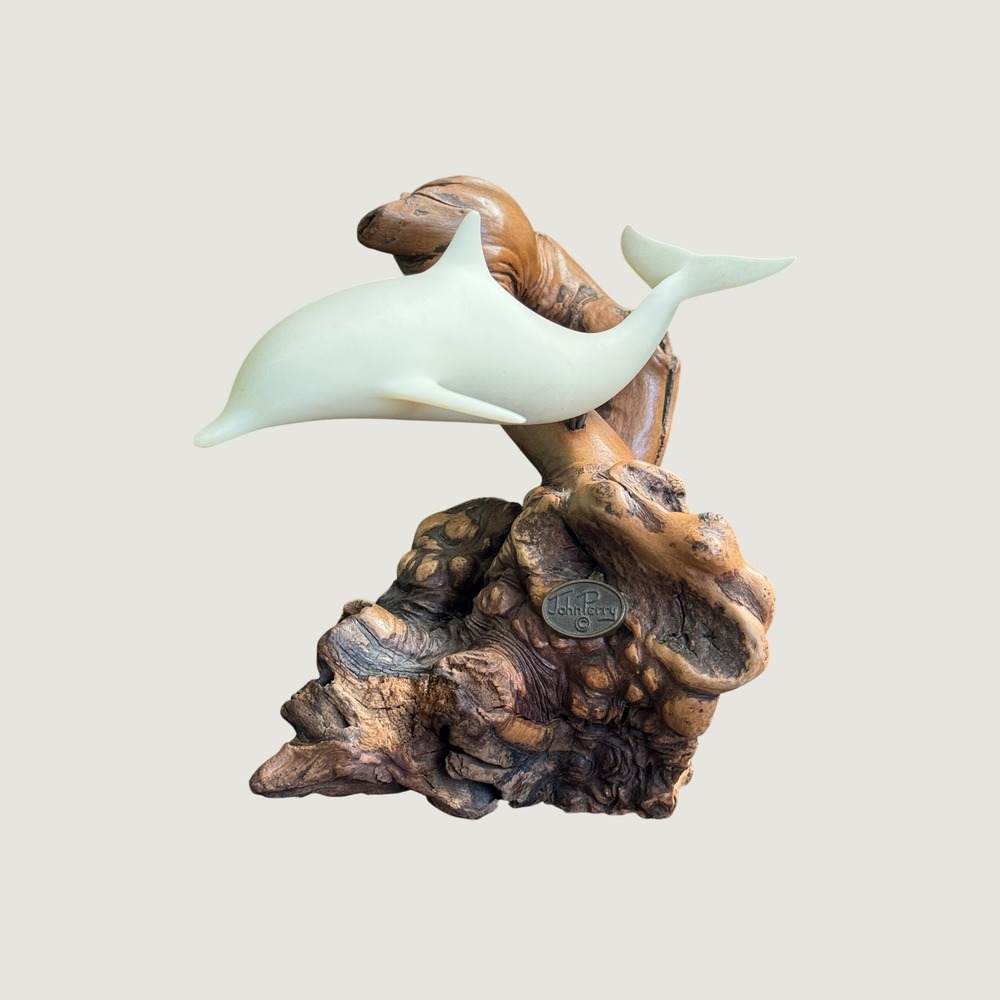 John Perry Dolphin Sculpture on Driftwood Burl Base Pellucida Art Decor